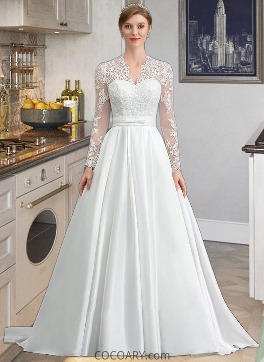 Wendy Ball-Gown/Princess V-neck Court Train Satin Wedding Dress With Bow(s) DA8P0013746