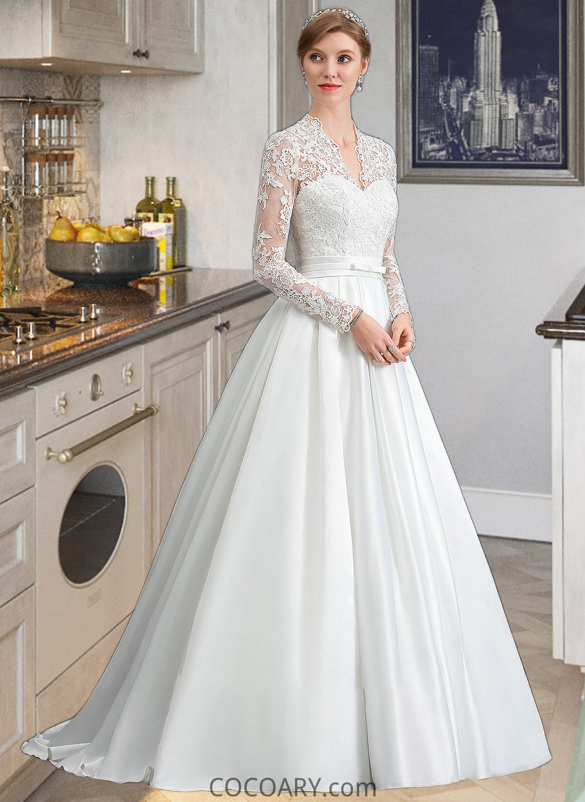 Wendy Ball-Gown/Princess V-neck Court Train Satin Wedding Dress With Bow(s) DA8P0013746