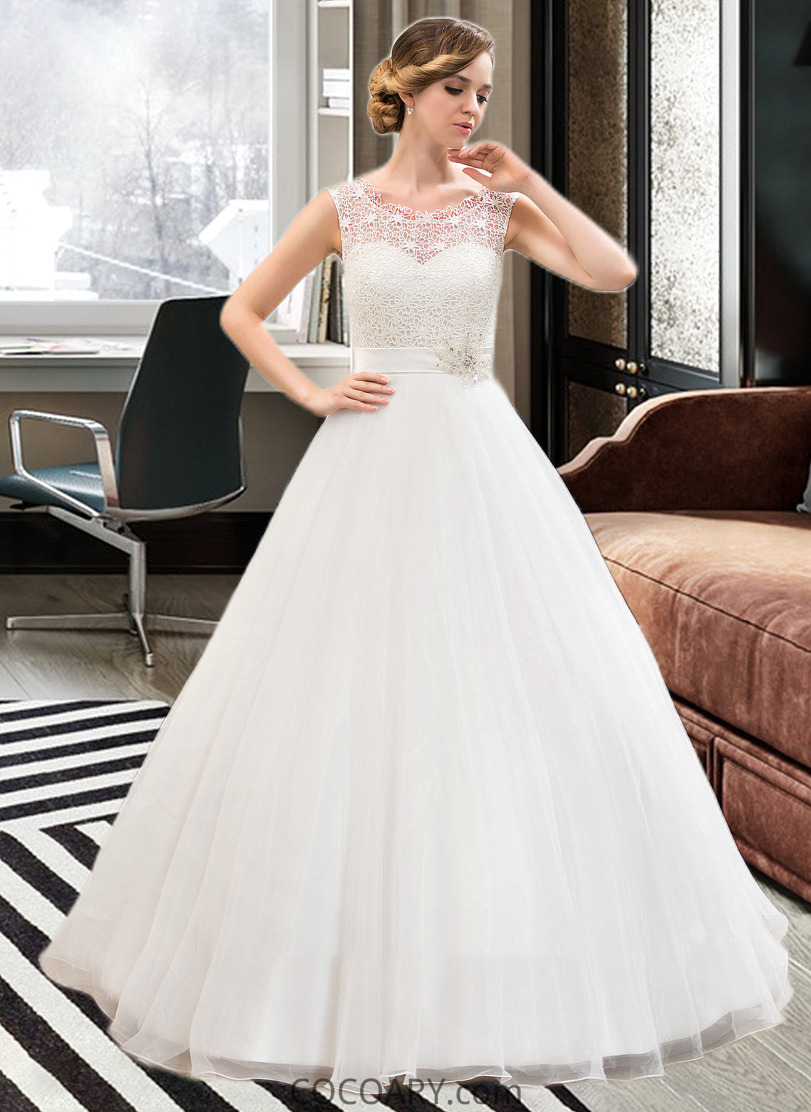 Arianna Ball-Gown/Princess Scoop Neck Sweep Train Organza Lace Wedding Dress With Beading Sequins DA8P0013751