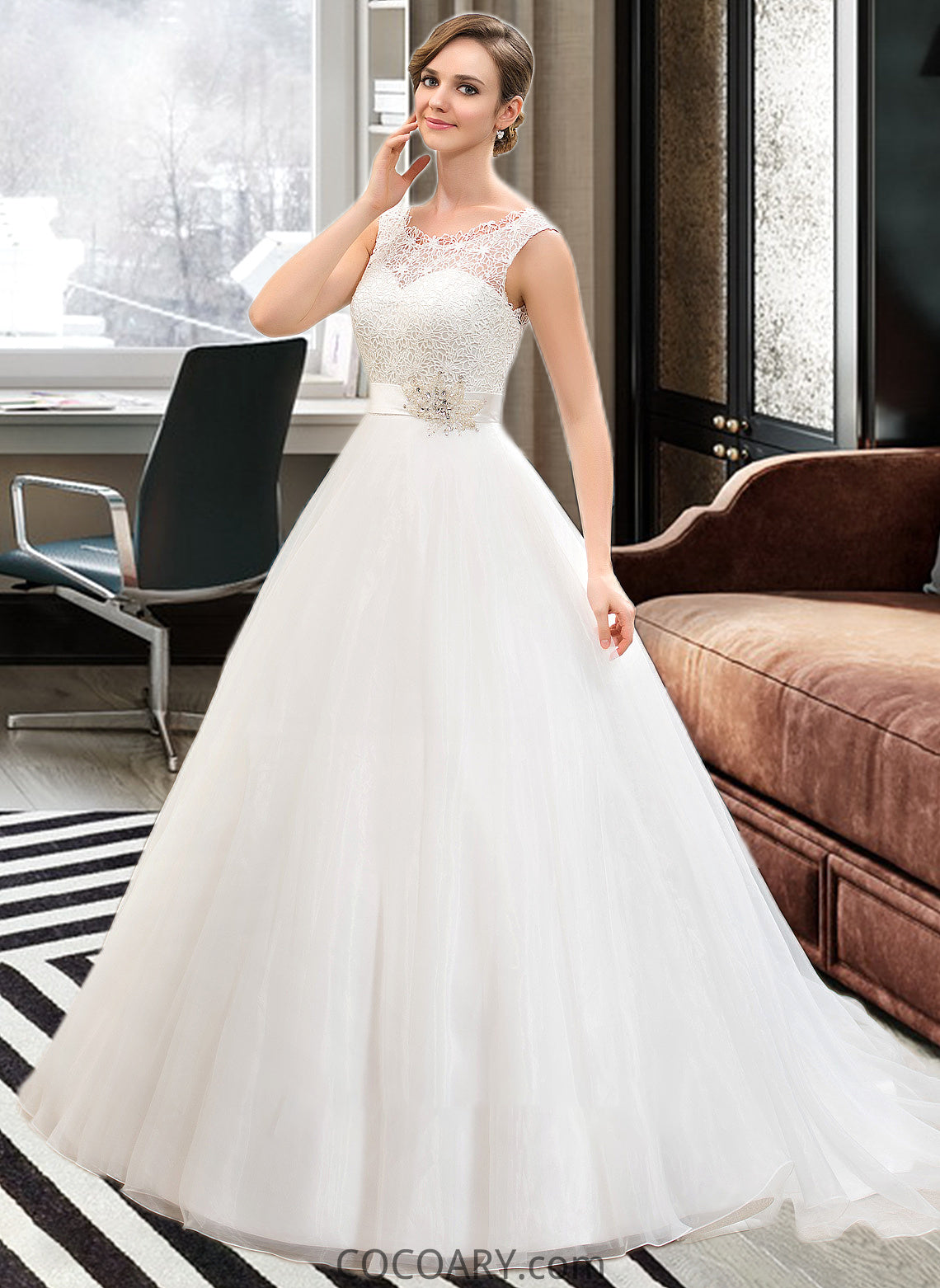 Arianna Ball-Gown/Princess Scoop Neck Sweep Train Organza Lace Wedding Dress With Beading Sequins DA8P0013751