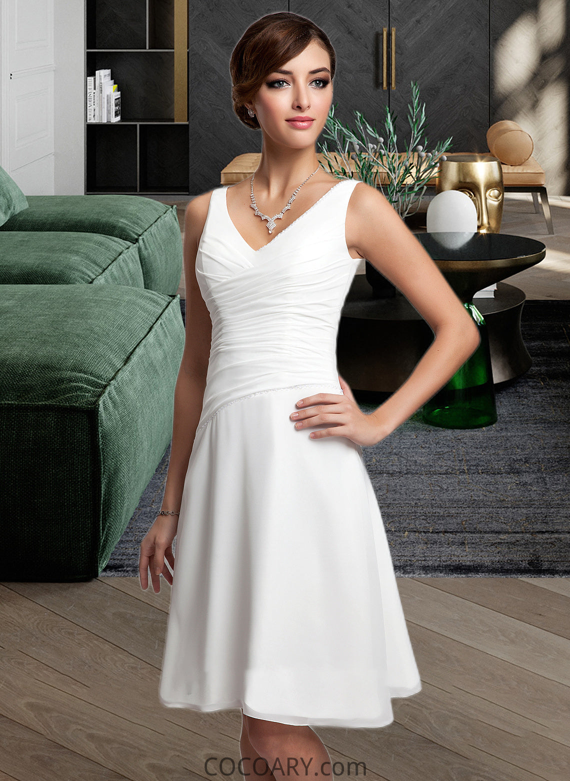 Carolyn A-Line V-neck Knee-Length Chiffon Wedding Dress With Ruffle Beading Sequins DA8P0013752