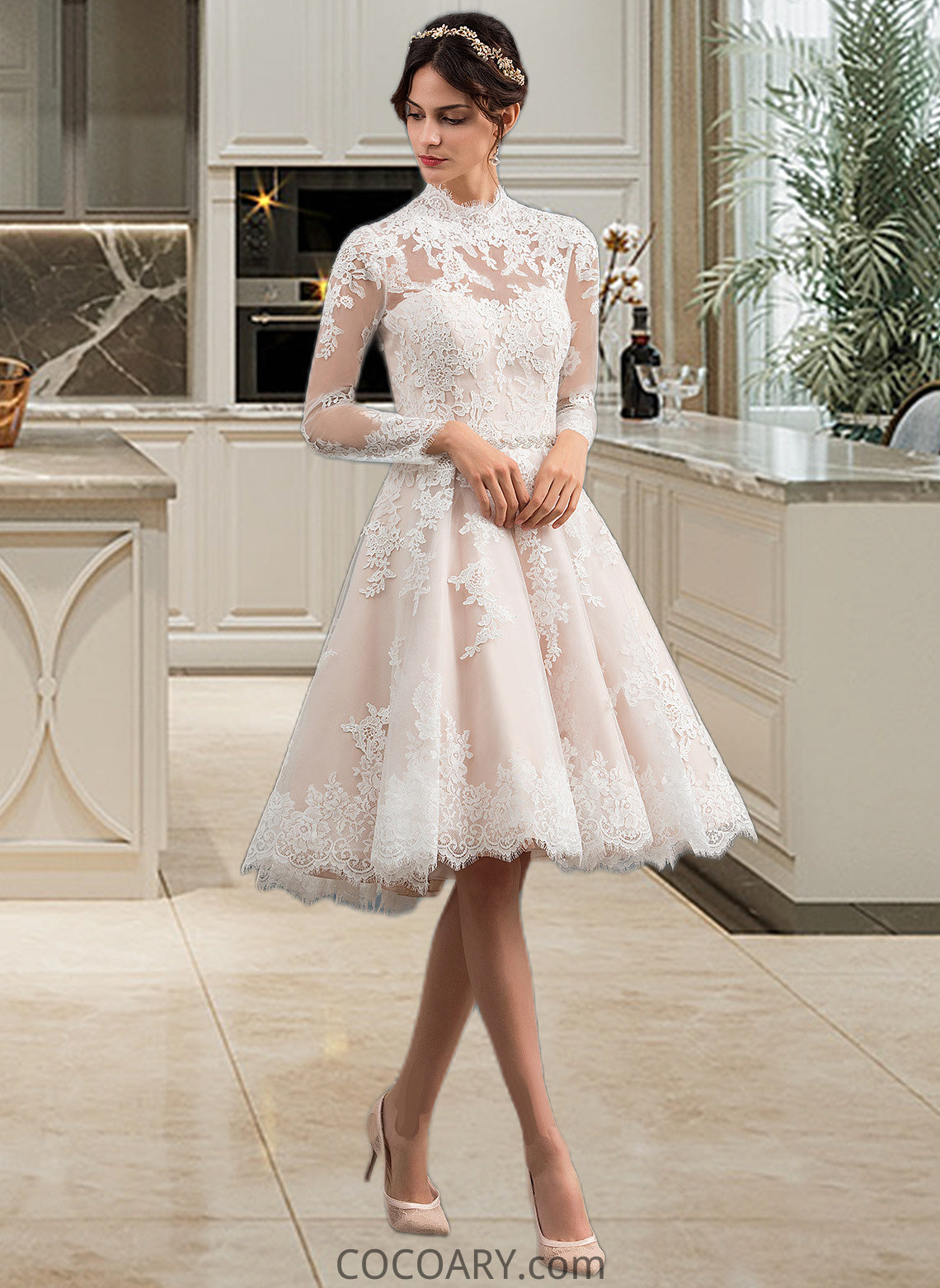 Rosie A-Line Illusion Knee-Length Lace Wedding Dress DA8P0013754