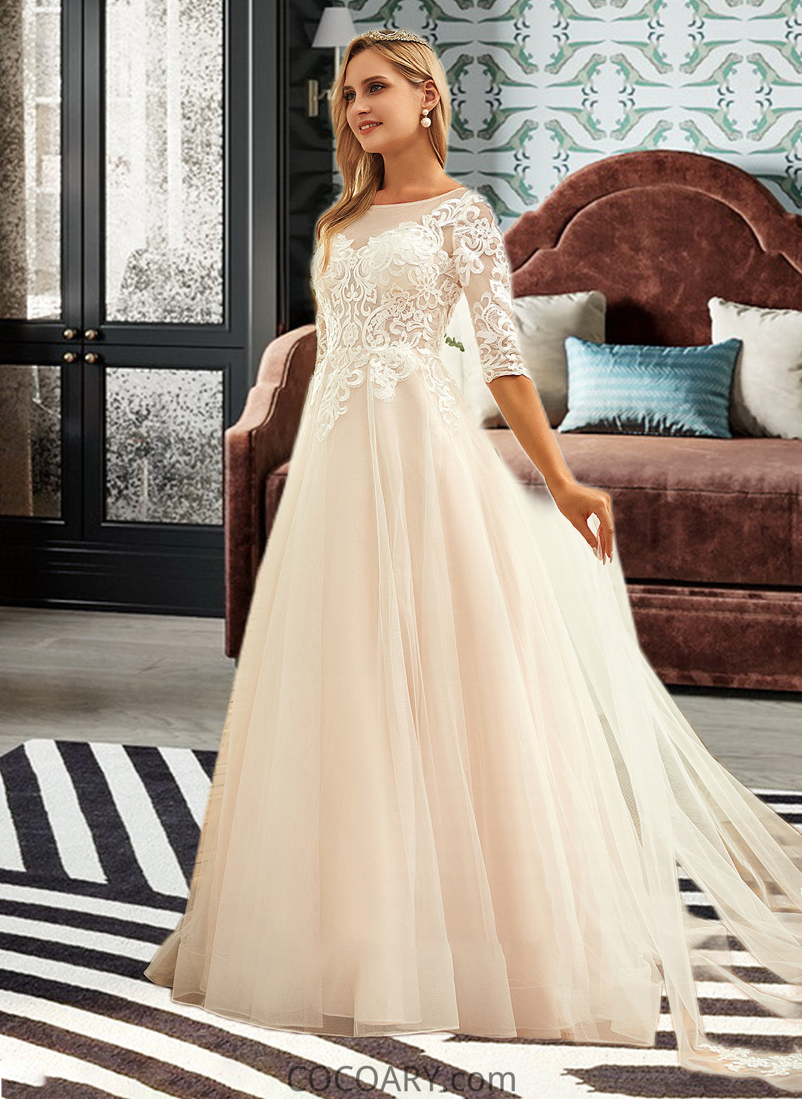 Abbey Ball-Gown/Princess Scoop Neck Sweep Train Tulle Lace Wedding Dress DA8P0013760