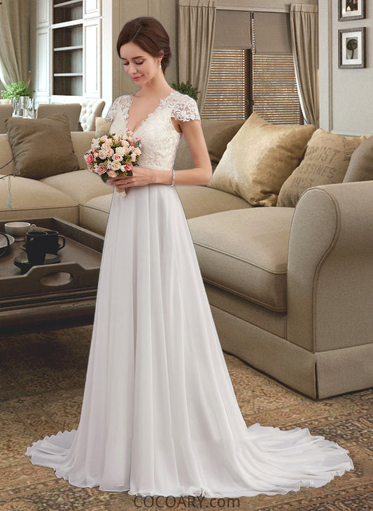 Paulina A-Line V-neck Sweep Train Chiffon Wedding Dress With Ruffle DA8P0013761