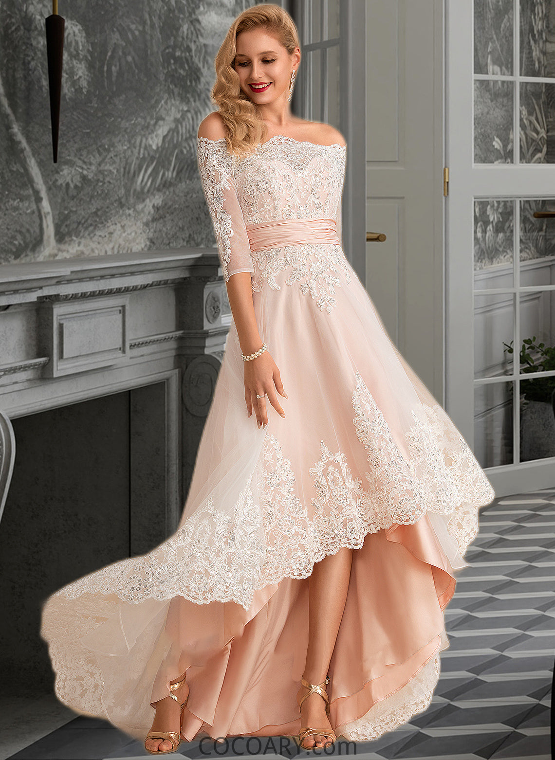 Haven A-Line Asymmetrical Satin Tulle Lace Wedding Dress With Sequins DA8P0013769