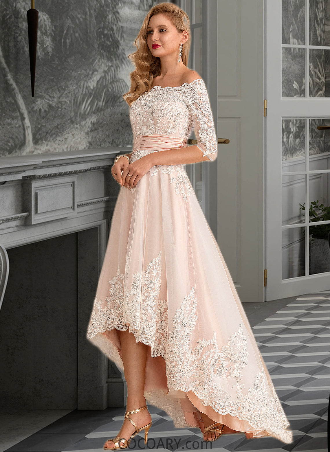 Haven A-Line Asymmetrical Satin Tulle Lace Wedding Dress With Sequins DA8P0013769