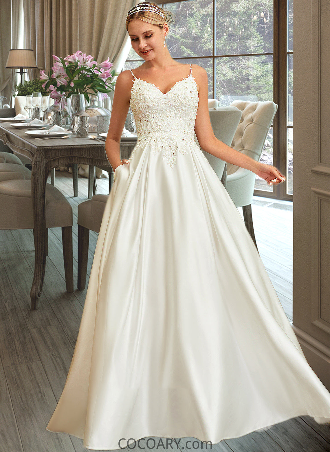 Karley Ball-Gown/Princess V-neck Sweep Train Satin Lace Wedding Dress With Lace Beading Sequins Pockets DA8P0013771