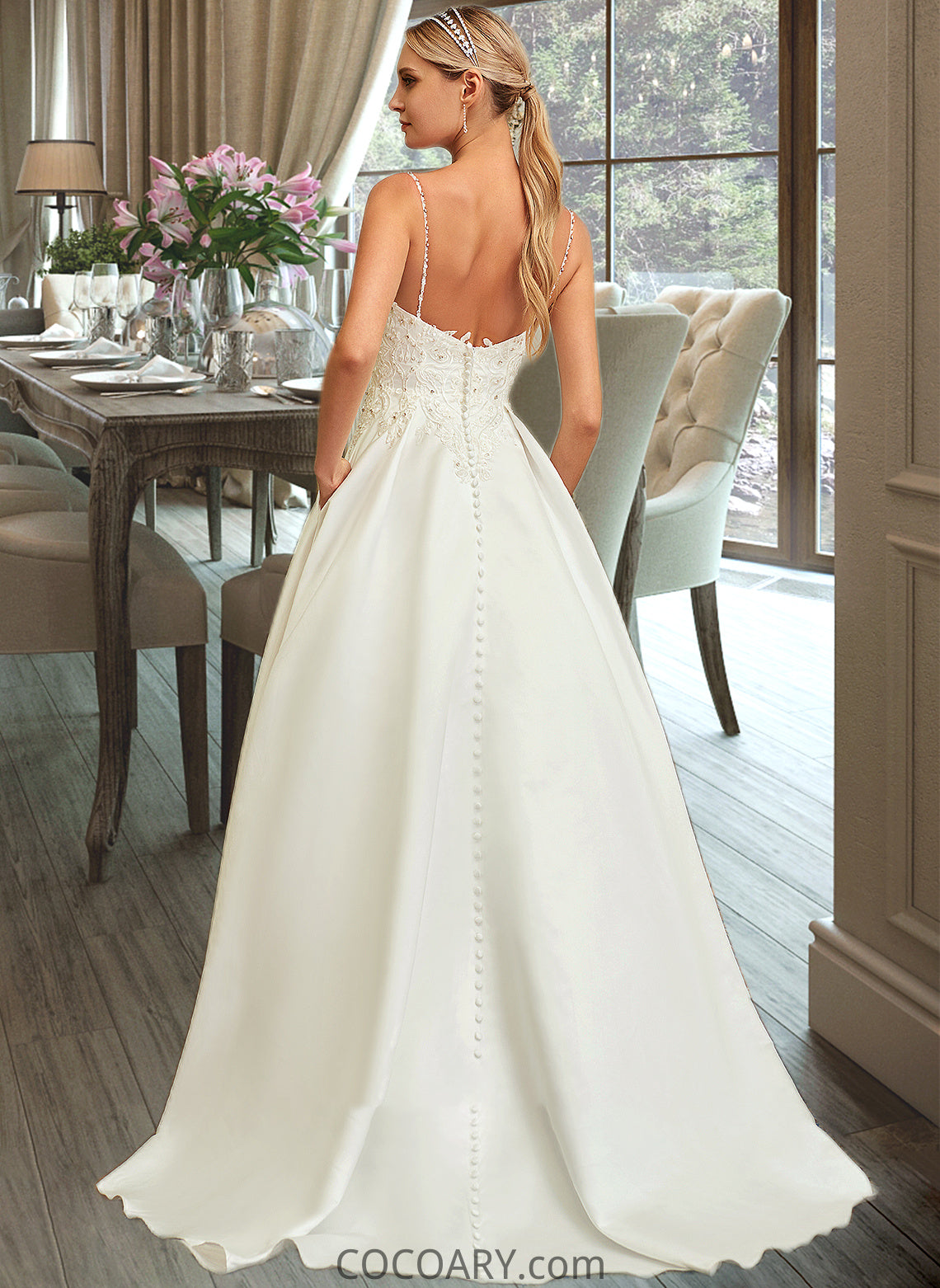 Karley Ball-Gown/Princess V-neck Sweep Train Satin Lace Wedding Dress With Lace Beading Sequins Pockets DA8P0013771