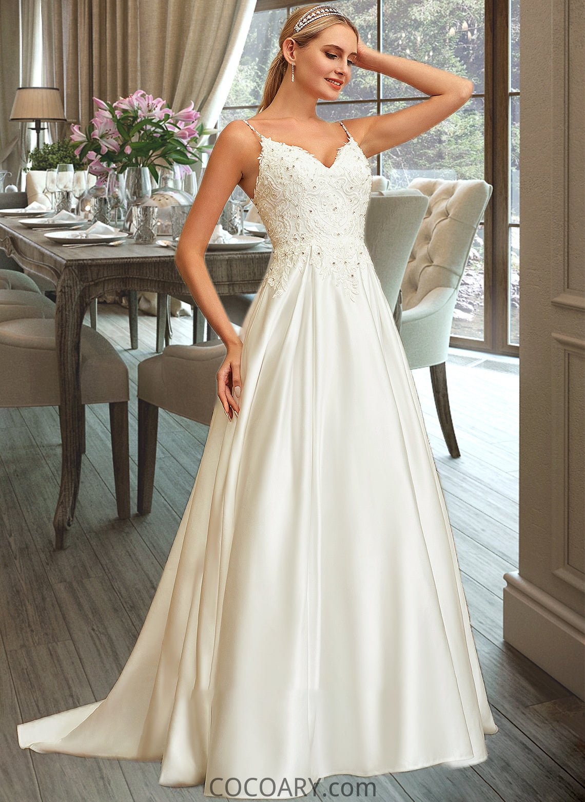 Karley Ball-Gown/Princess V-neck Sweep Train Satin Lace Wedding Dress With Lace Beading Sequins Pockets DA8P0013771