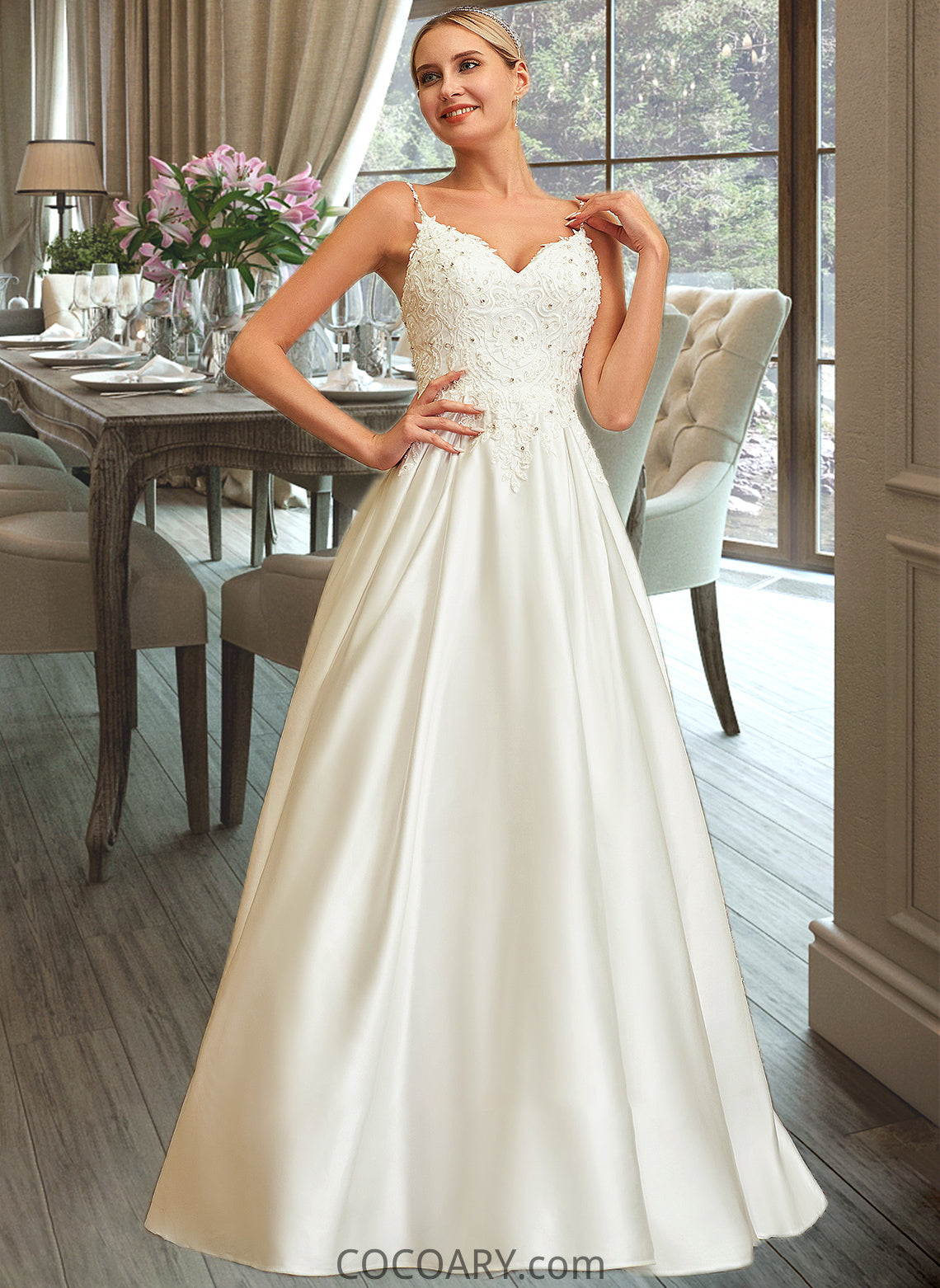 Karley Ball-Gown/Princess V-neck Sweep Train Satin Lace Wedding Dress With Lace Beading Sequins Pockets DA8P0013771