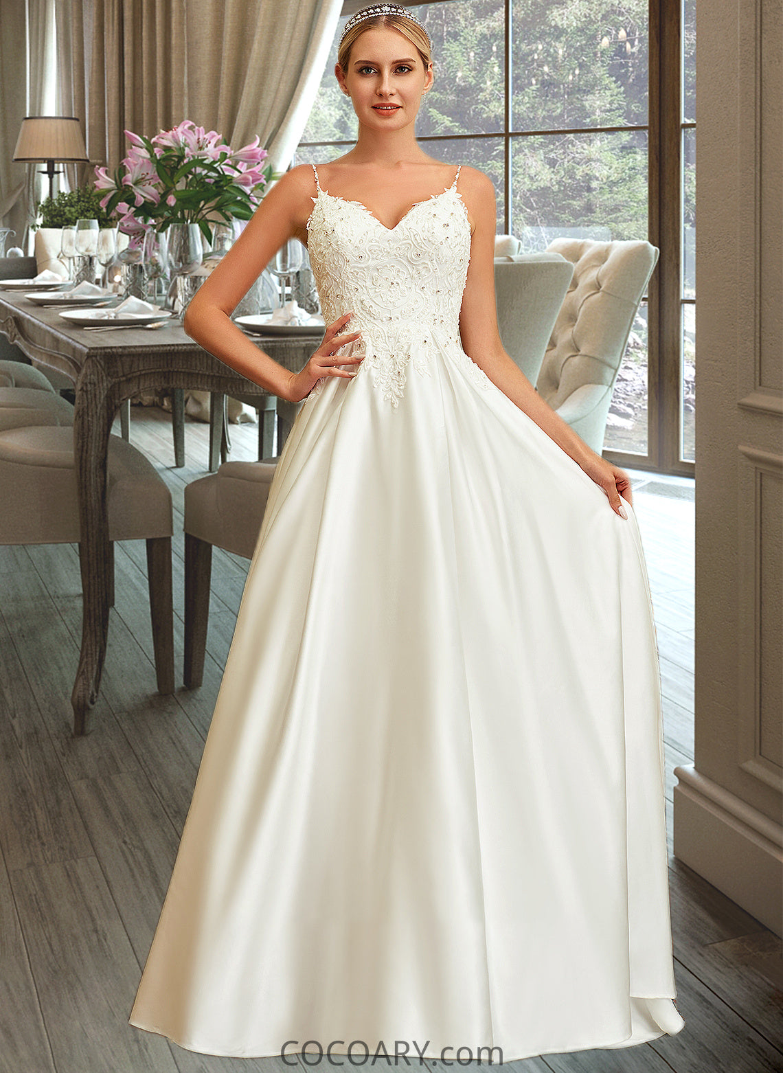 Karley Ball-Gown/Princess V-neck Sweep Train Satin Lace Wedding Dress With Lace Beading Sequins Pockets DA8P0013771