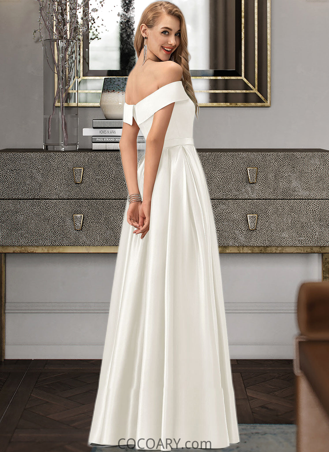 Elsa Ball-Gown/Princess Off-the-Shoulder Floor-Length Satin Wedding Dress With Split Front Pockets DA8P0013774