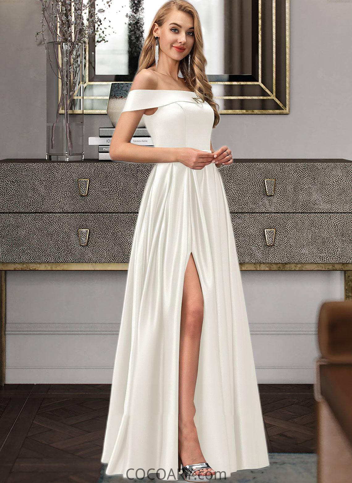 Elsa Ball-Gown/Princess Off-the-Shoulder Floor-Length Satin Wedding Dress With Split Front Pockets DA8P0013774