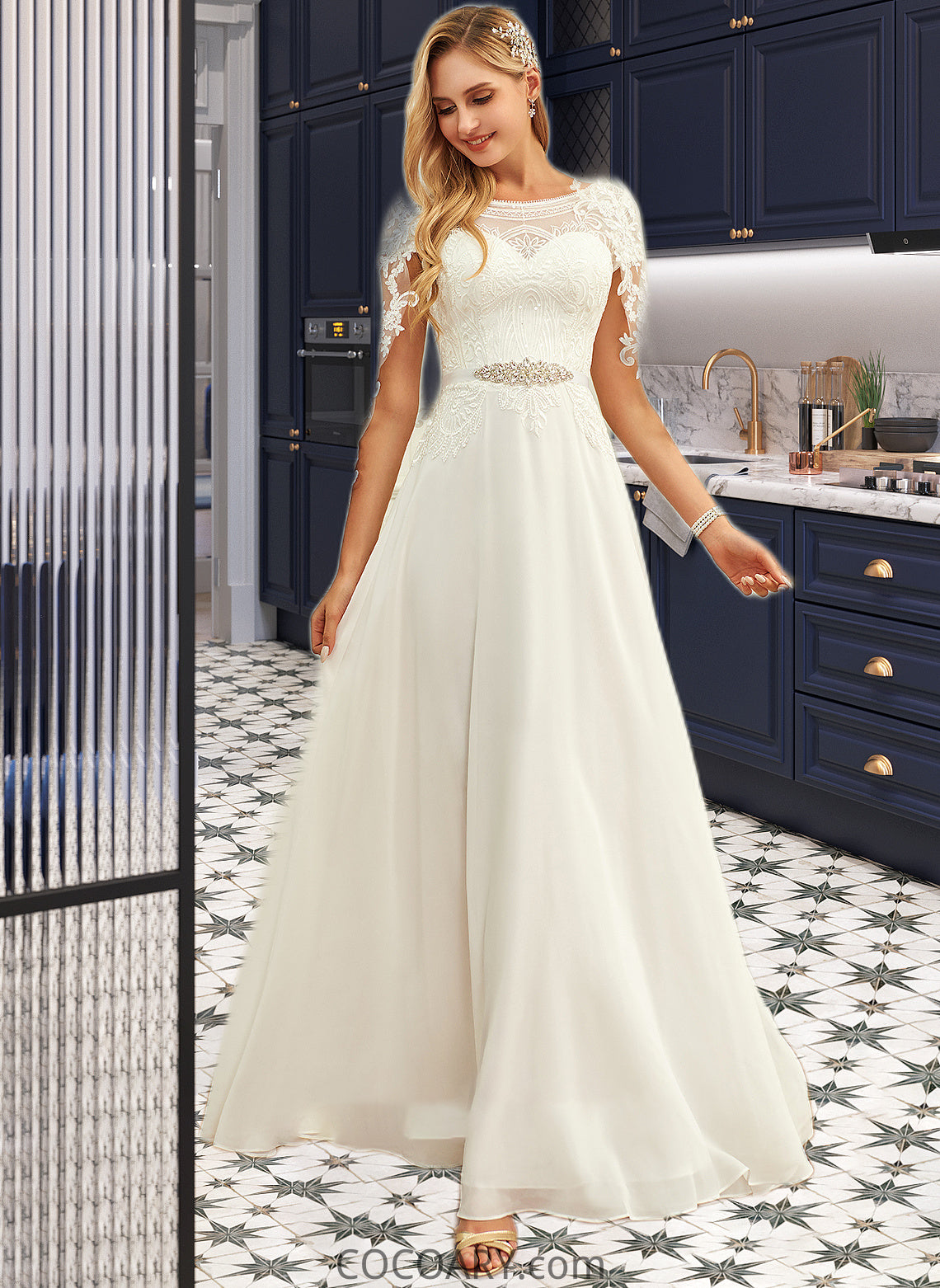 Hana A-Line Scoop Neck Floor-Length Chiffon Lace Wedding Dress With Sequins DA8P0013775