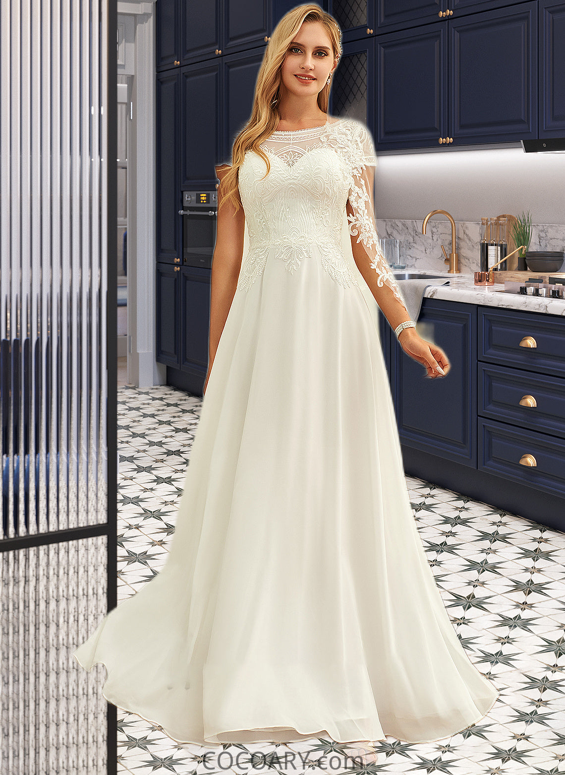 Hana A-Line Scoop Neck Floor-Length Chiffon Lace Wedding Dress With Sequins DA8P0013775