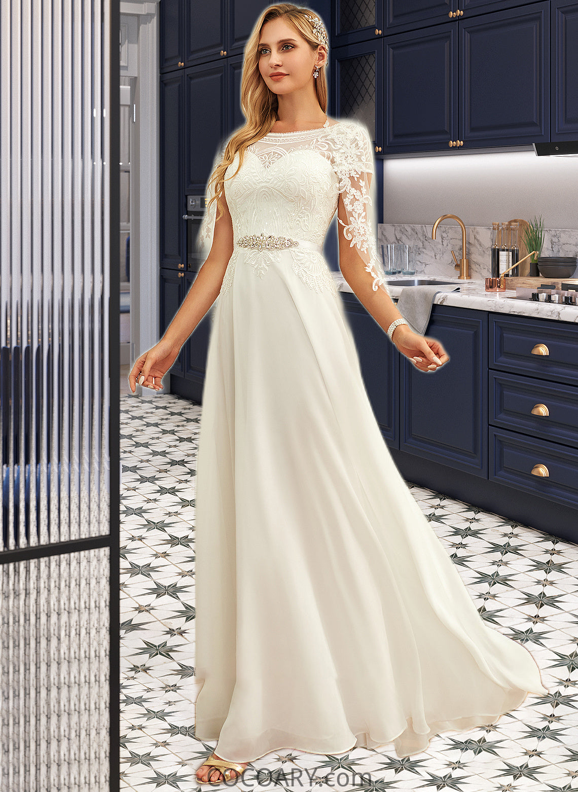 Hana A-Line Scoop Neck Floor-Length Chiffon Lace Wedding Dress With Sequins DA8P0013775