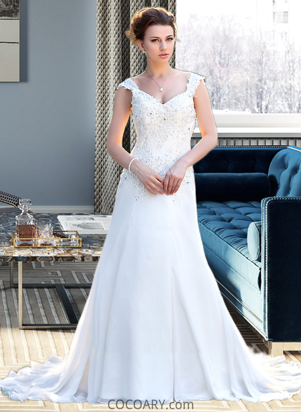 Marley A-Line V-neck Court Train Chiffon Wedding Dress With Lace Beading Sequins DA8P0013776