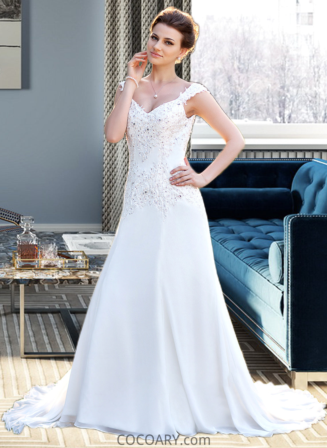 Marley A-Line V-neck Court Train Chiffon Wedding Dress With Lace Beading Sequins DA8P0013776