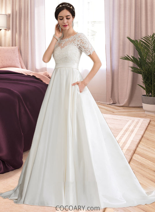 Julia Ball-Gown/Princess Scoop Neck Court Train Satin Wedding Dress With Beading Sequins Pockets DA8P0013777