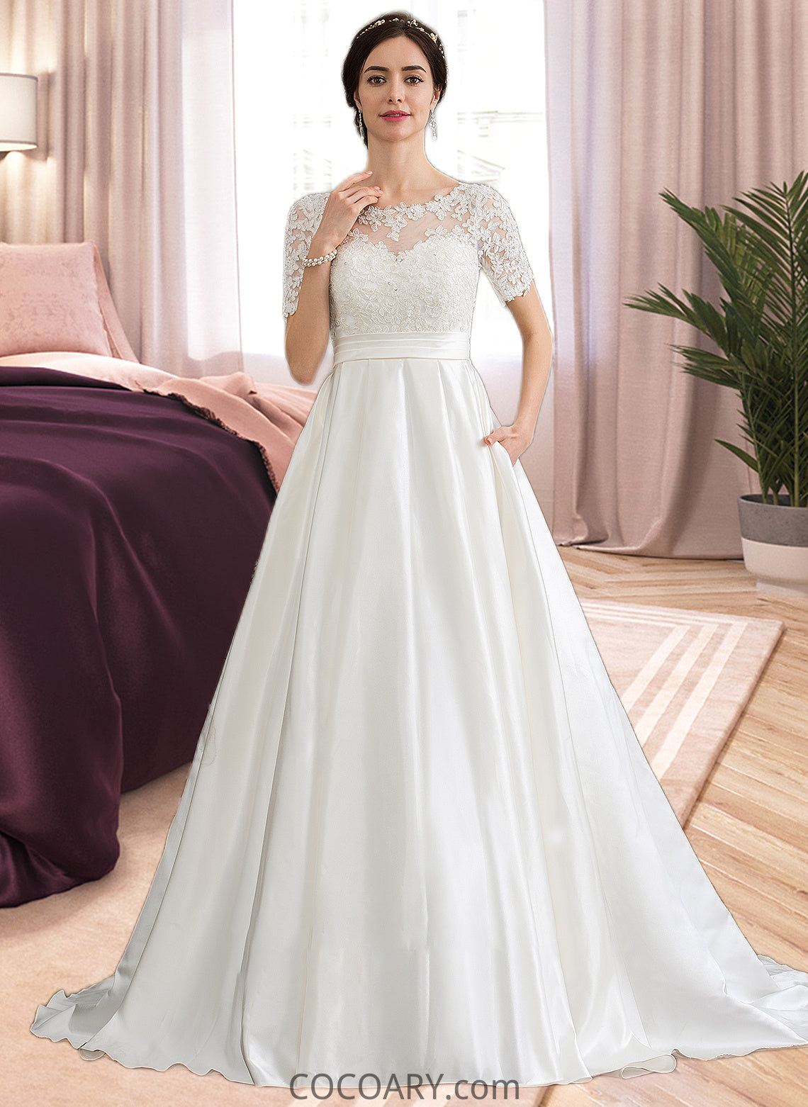 Julia Ball-Gown/Princess Scoop Neck Court Train Satin Wedding Dress With Beading Sequins Pockets DA8P0013777