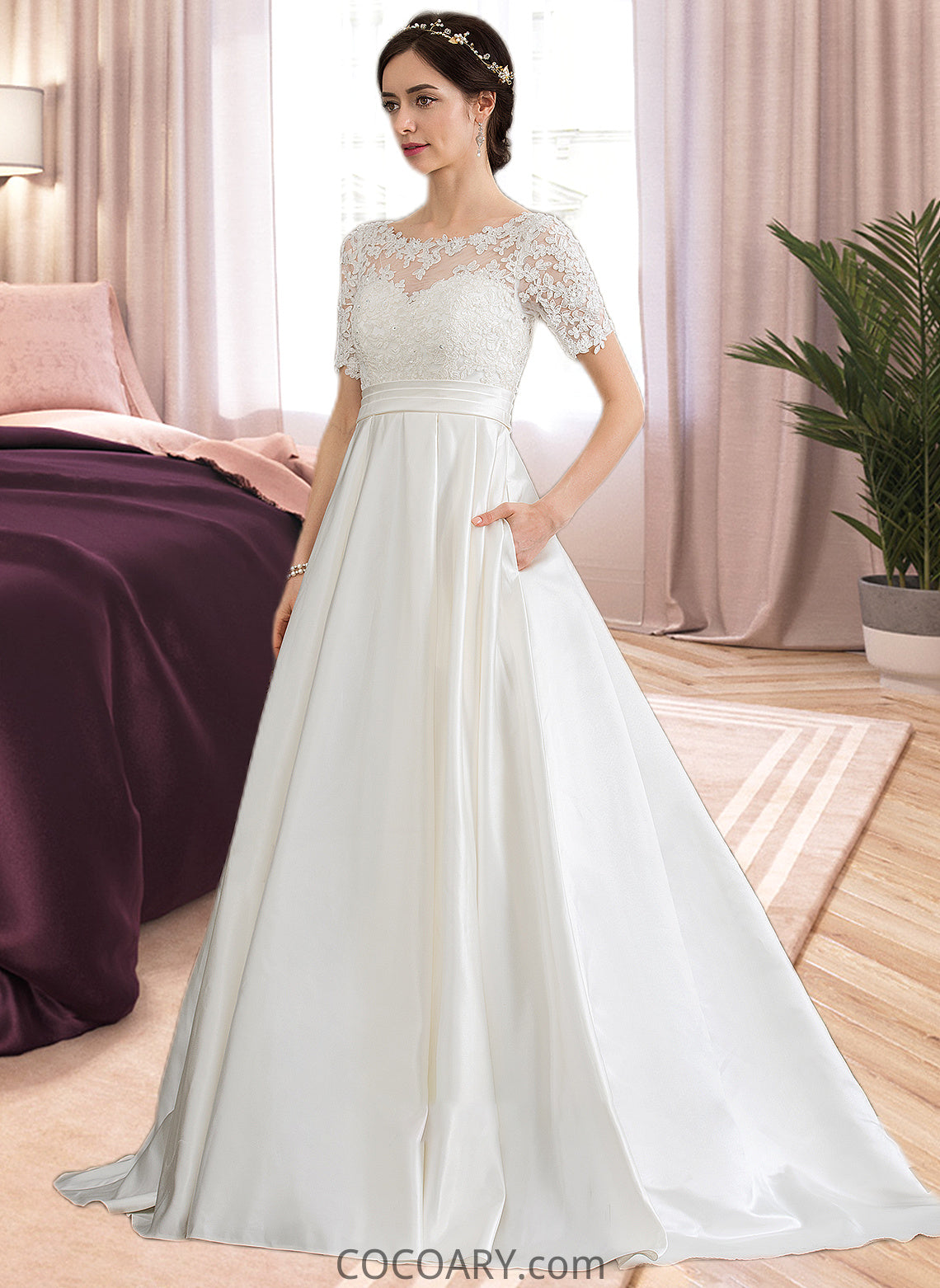 Julia Ball-Gown/Princess Scoop Neck Court Train Satin Wedding Dress With Beading Sequins Pockets DA8P0013777