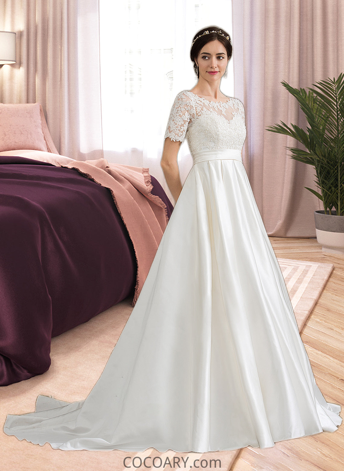 Julia Ball-Gown/Princess Scoop Neck Court Train Satin Wedding Dress With Beading Sequins Pockets DA8P0013777