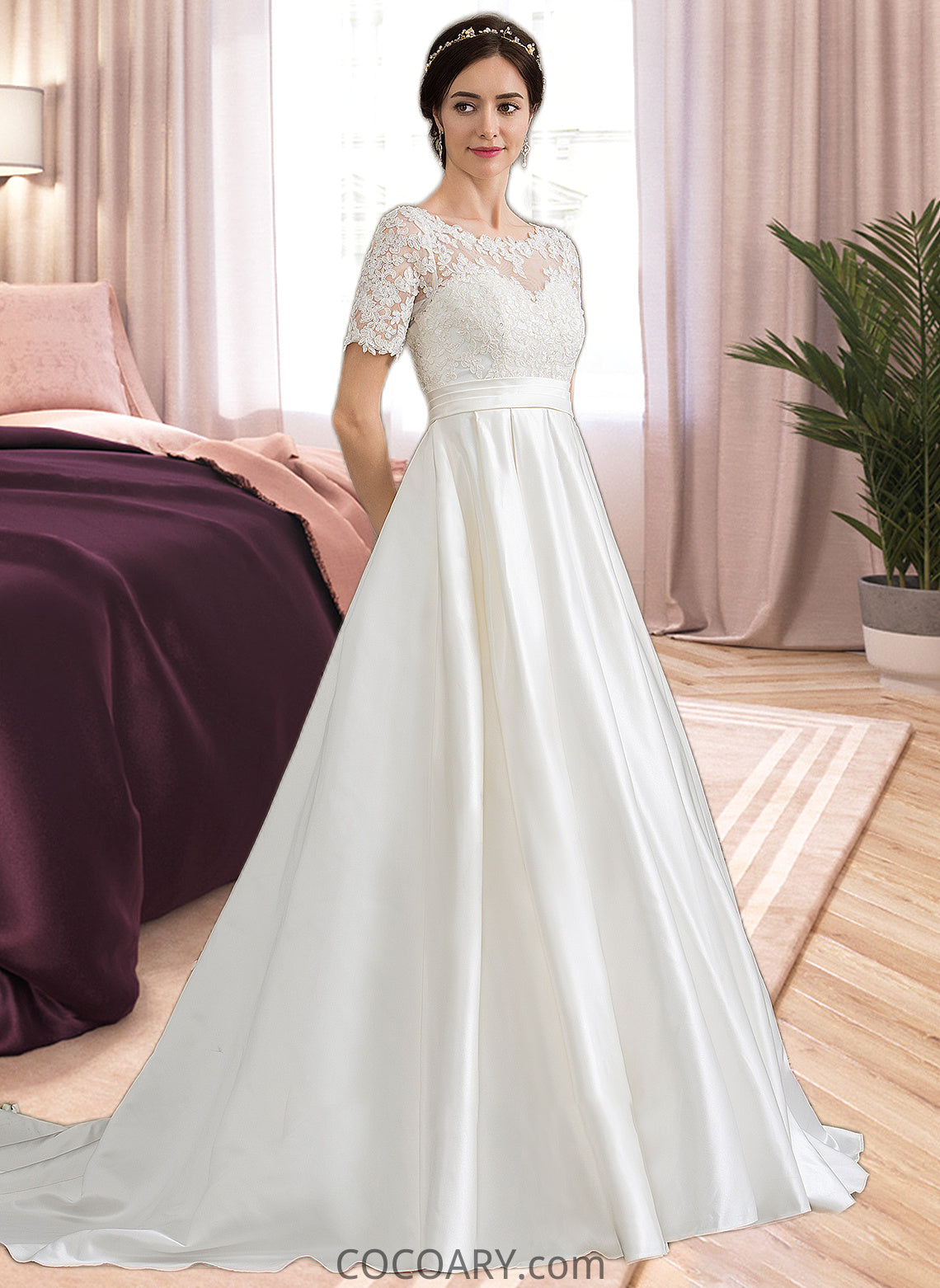 Julia Ball-Gown/Princess Scoop Neck Court Train Satin Wedding Dress With Beading Sequins Pockets DA8P0013777