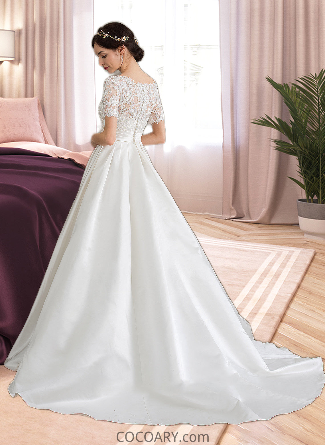 Julia Ball-Gown/Princess Scoop Neck Court Train Satin Wedding Dress With Beading Sequins Pockets DA8P0013777