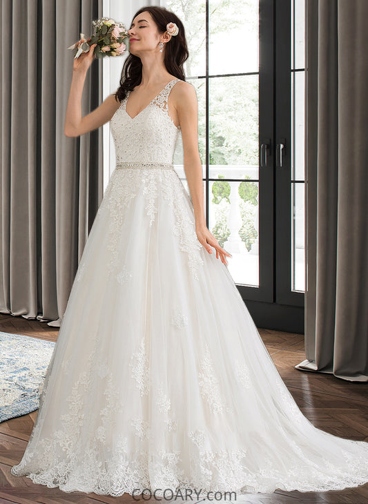 Deanna Ball-Gown/Princess V-neck Court Train Tulle Wedding Dress With Beading Sequins DA8P0013779