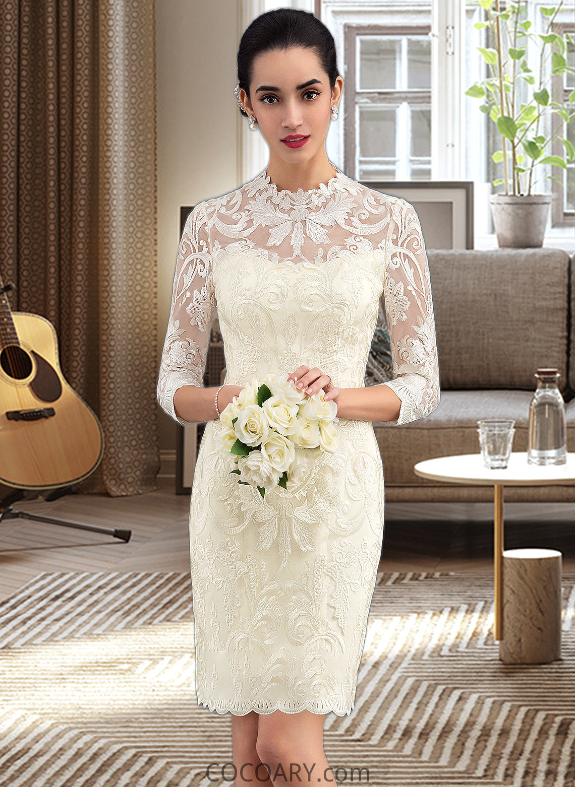 Mikayla Sheath/Column High Neck Knee-Length Lace Wedding Dress DA8P0013781