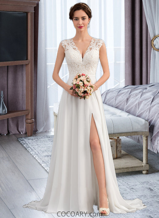 Angelina A-Line V-neck Sweep Train Chiffon Wedding Dress With Split Front DA8P0013782