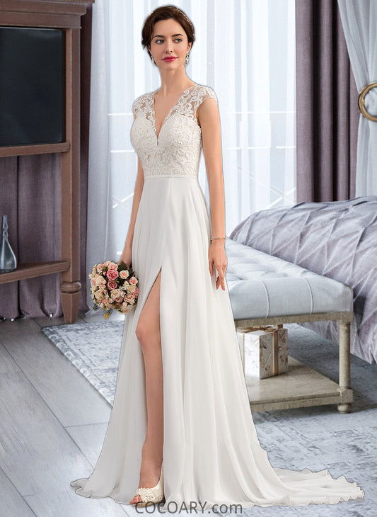 Angelina A-Line V-neck Sweep Train Chiffon Wedding Dress With Split Front DA8P0013782