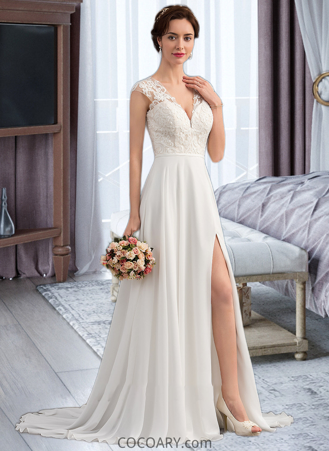 Angelina A-Line V-neck Sweep Train Chiffon Wedding Dress With Split Front DA8P0013782