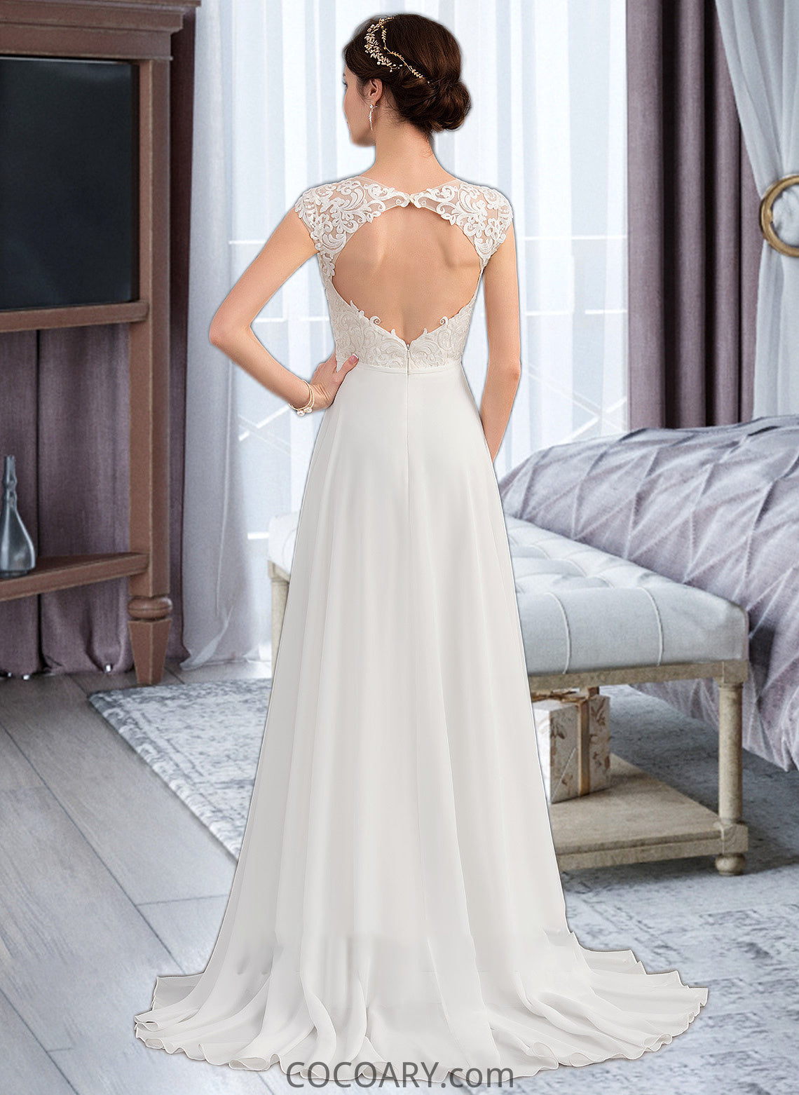 Angelina A-Line V-neck Sweep Train Chiffon Wedding Dress With Split Front DA8P0013782