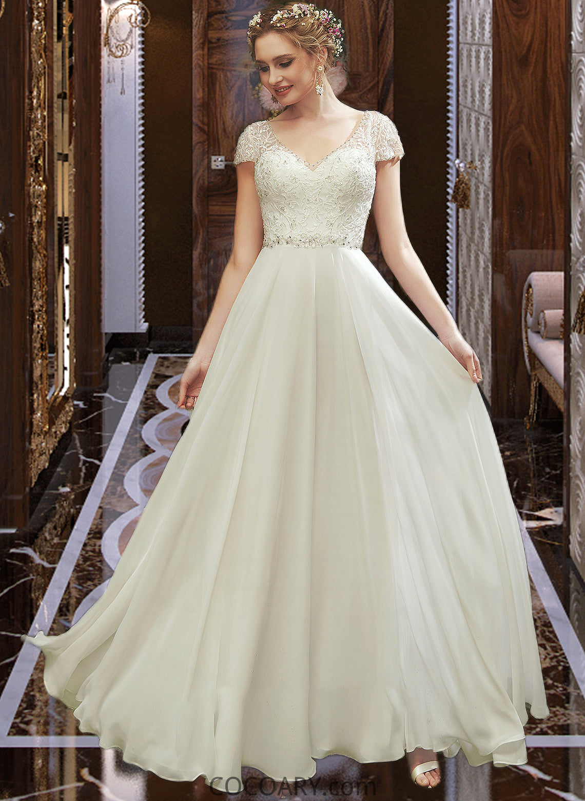 Paisley A-Line V-neck Floor-Length Wedding Dress With Lace Beading Sequins DA8P0013784