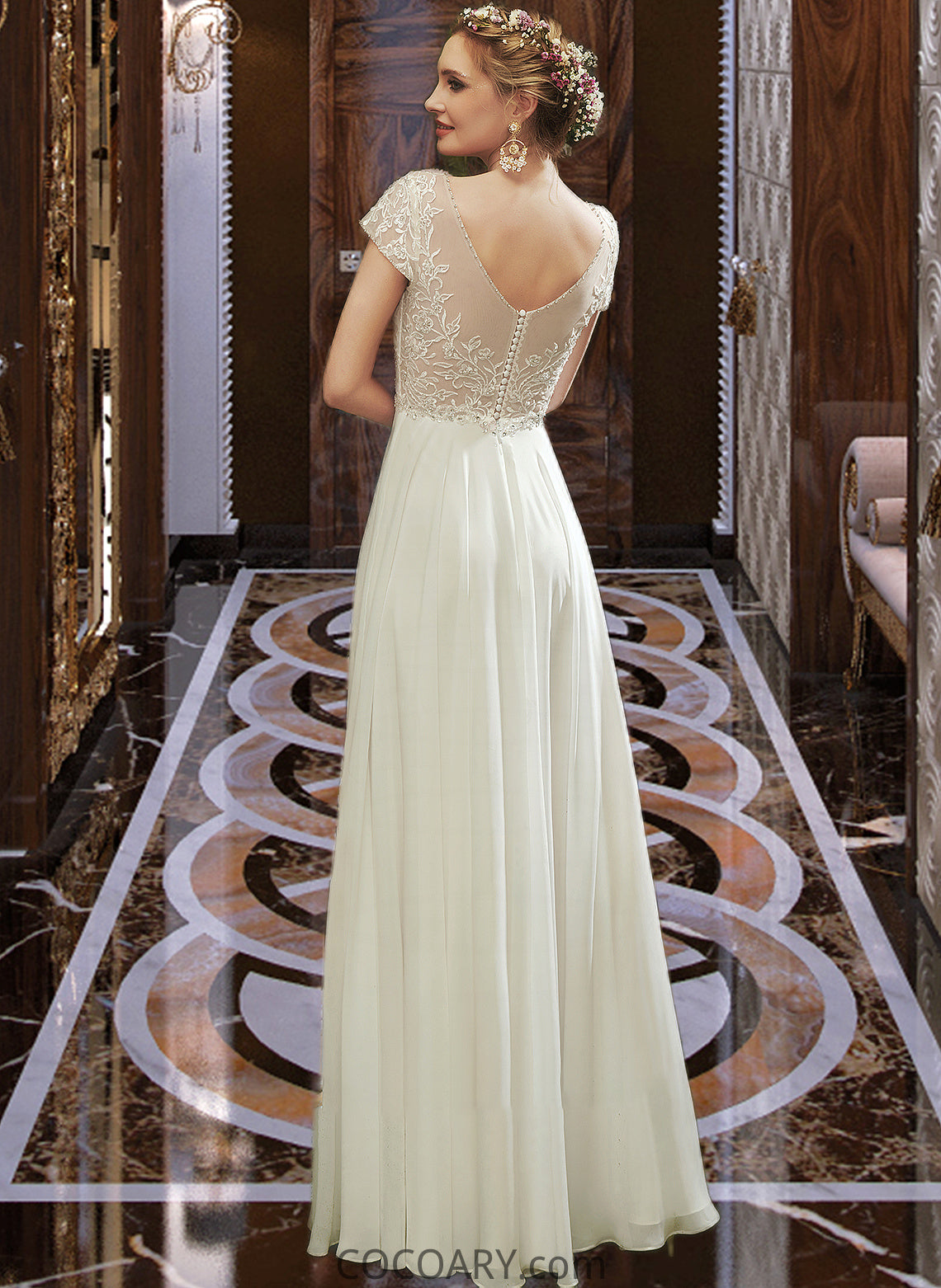 Paisley A-Line V-neck Floor-Length Wedding Dress With Lace Beading Sequins DA8P0013784