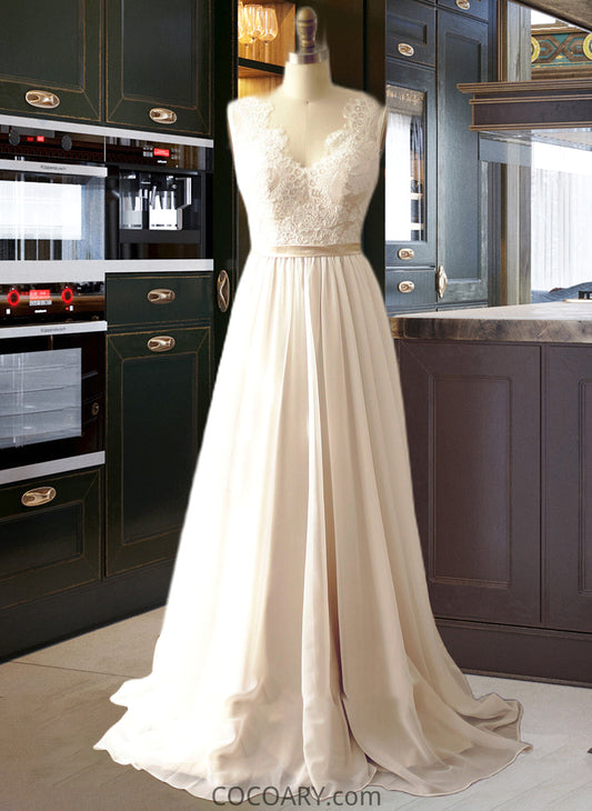 Madge A-Line V-neck Court Train Chiffon Wedding Dress DA8P0013785