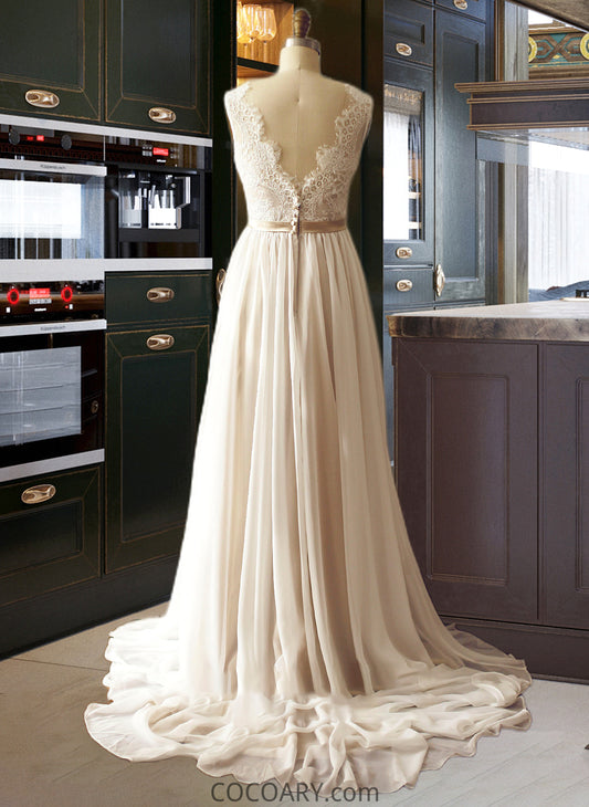 Madge A-Line V-neck Court Train Chiffon Wedding Dress DA8P0013785