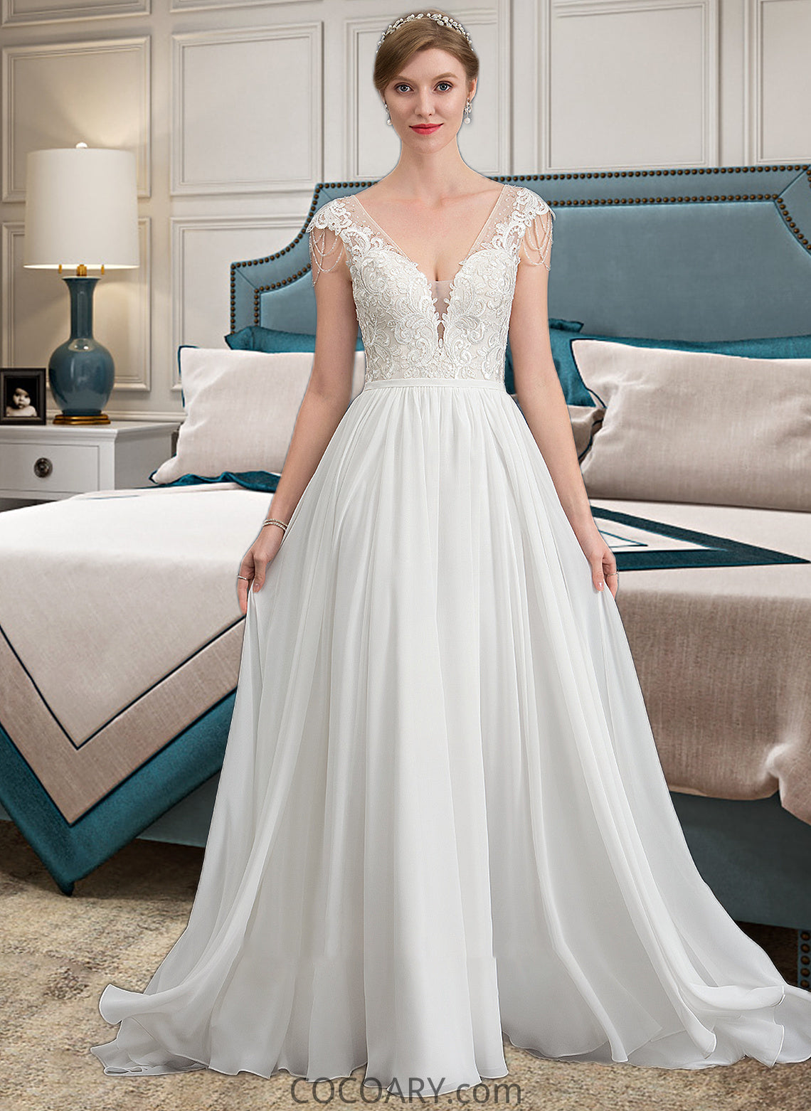 Valeria A-Line V-neck Sweep Train Chiffon Wedding Dress With Beading Sequins DA8P0013792