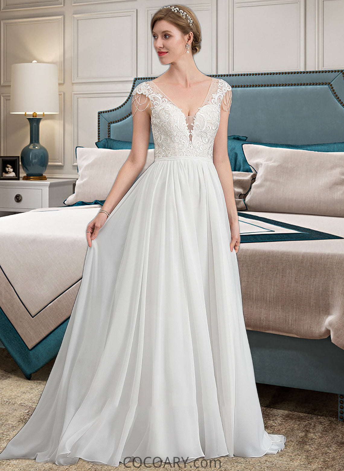 Valeria A-Line V-neck Sweep Train Chiffon Wedding Dress With Beading Sequins DA8P0013792