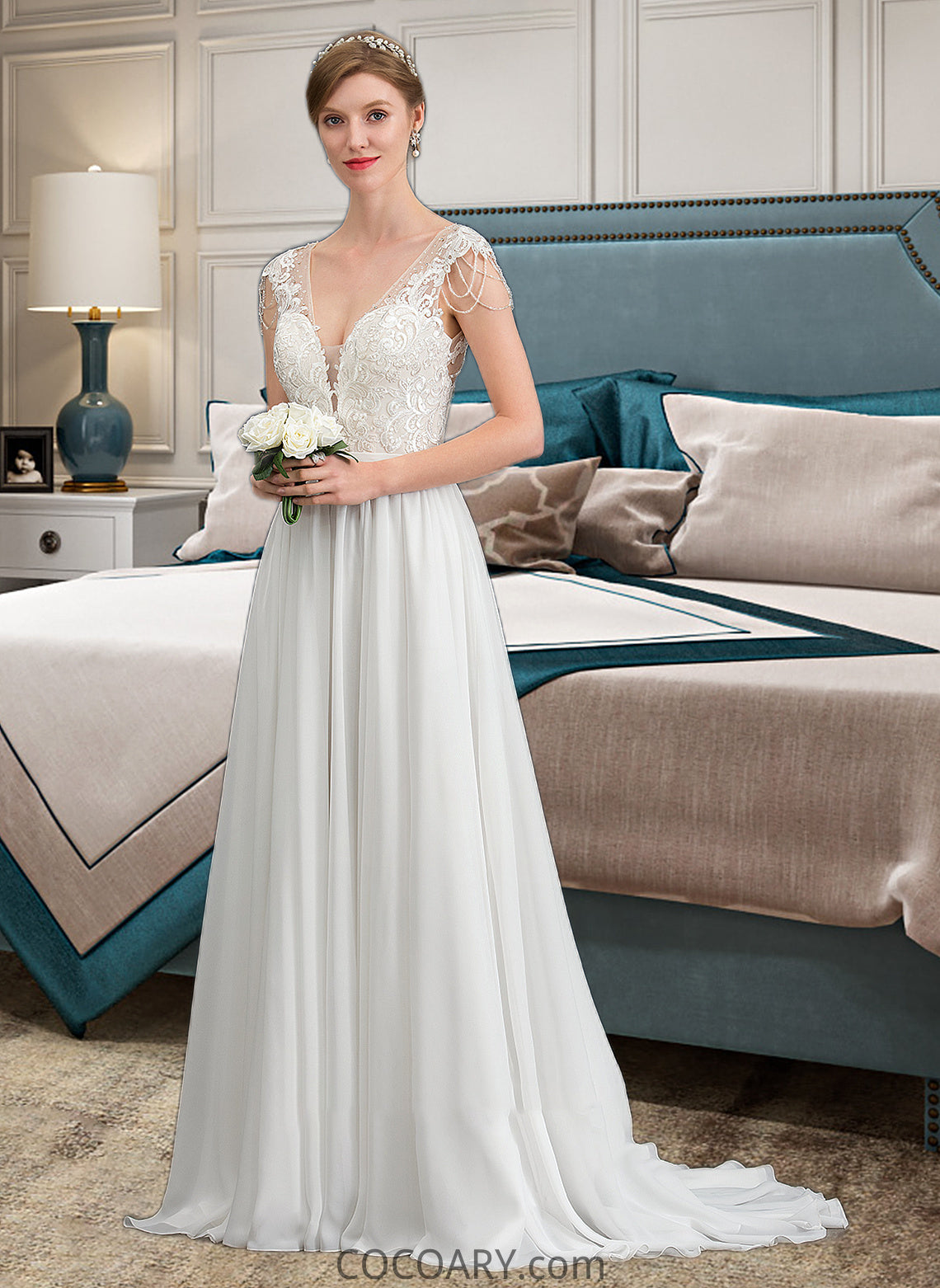 Valeria A-Line V-neck Sweep Train Chiffon Wedding Dress With Beading Sequins DA8P0013792