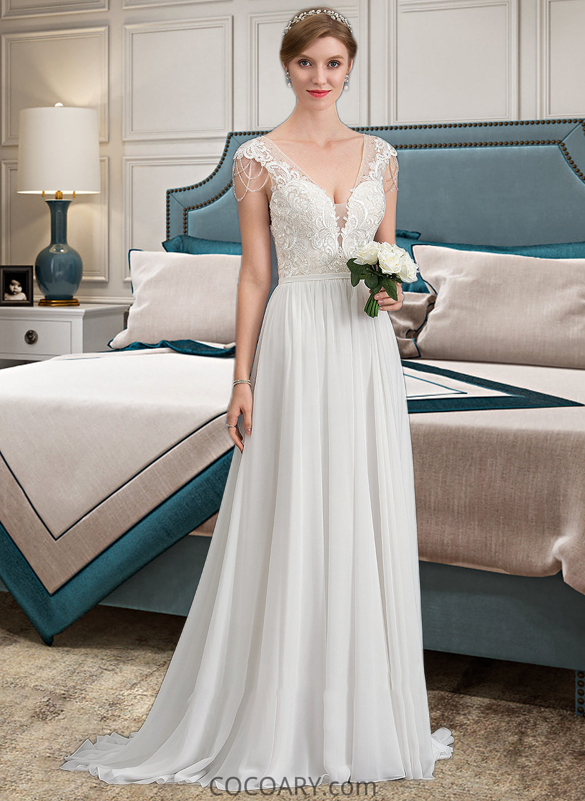 Valeria A-Line V-neck Sweep Train Chiffon Wedding Dress With Beading Sequins DA8P0013792