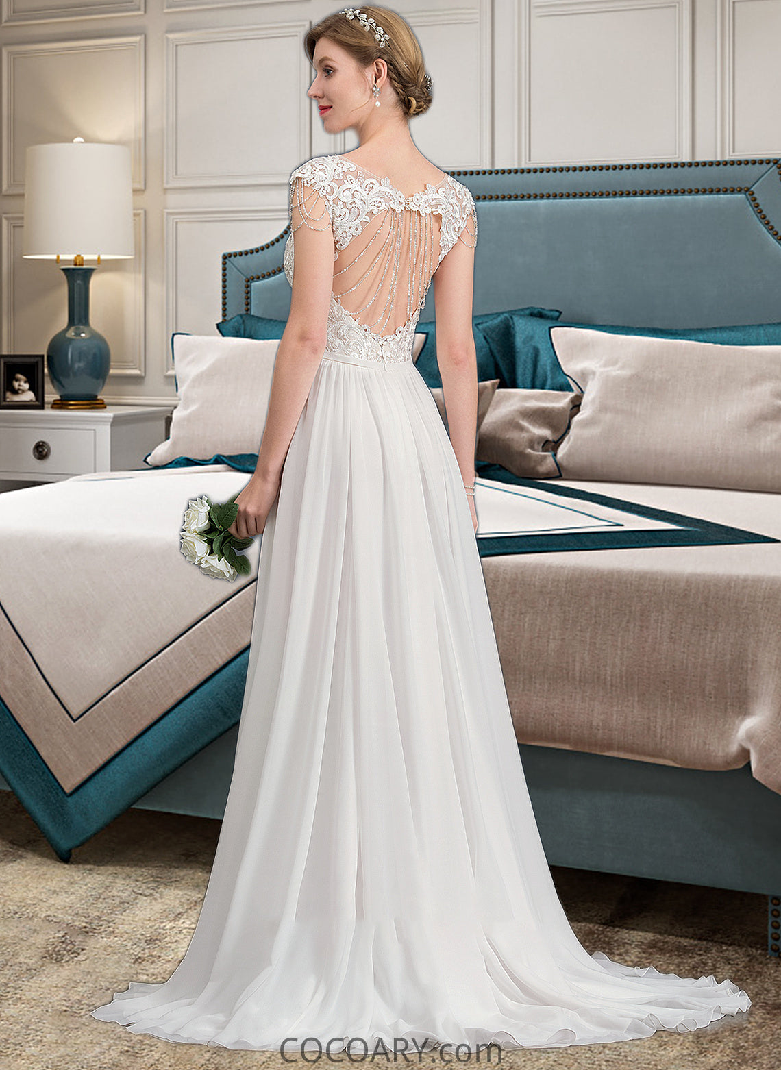 Valeria A-Line V-neck Sweep Train Chiffon Wedding Dress With Beading Sequins DA8P0013792