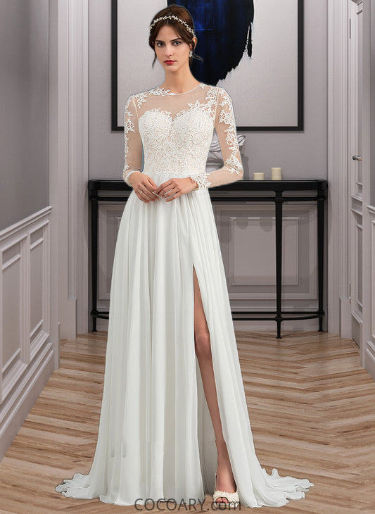 Gina A-Line Illusion Sweep Train Chiffon Wedding Dress With Appliques Lace Split Front DA8P0013793