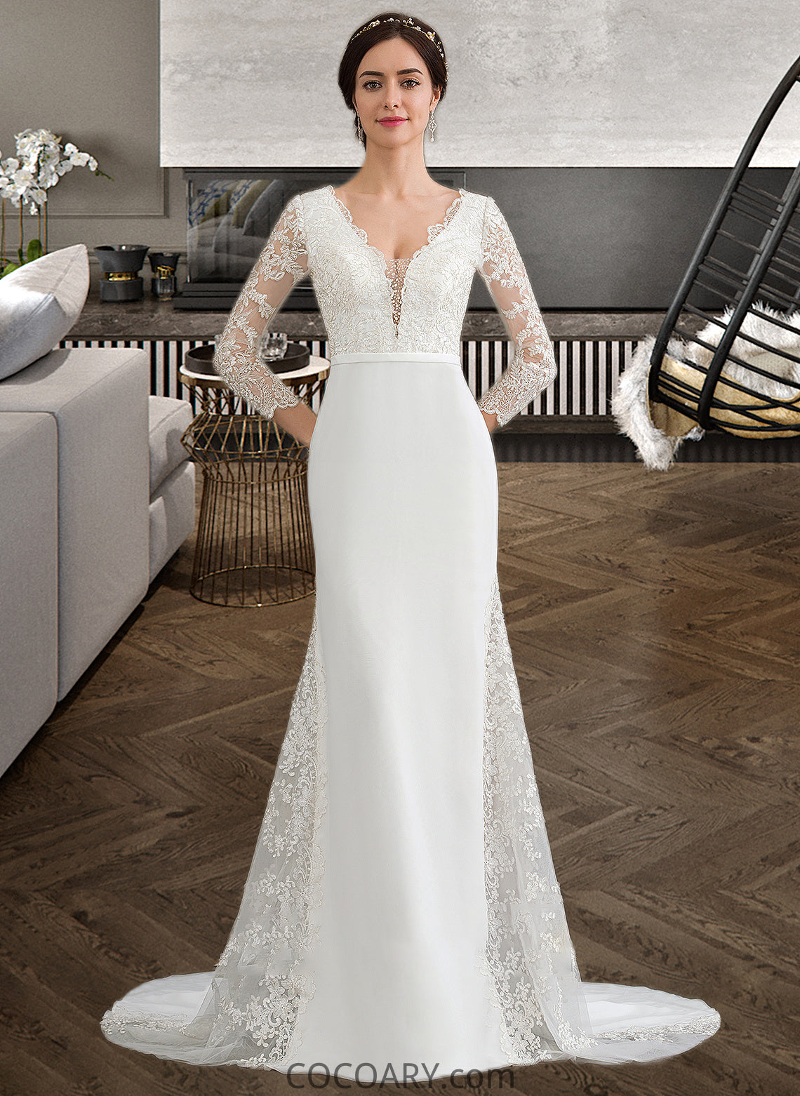 Haley Trumpet/Mermaid V-neck Chapel Train Chiffon Wedding Dress With Beading Sequins DA8P0013795