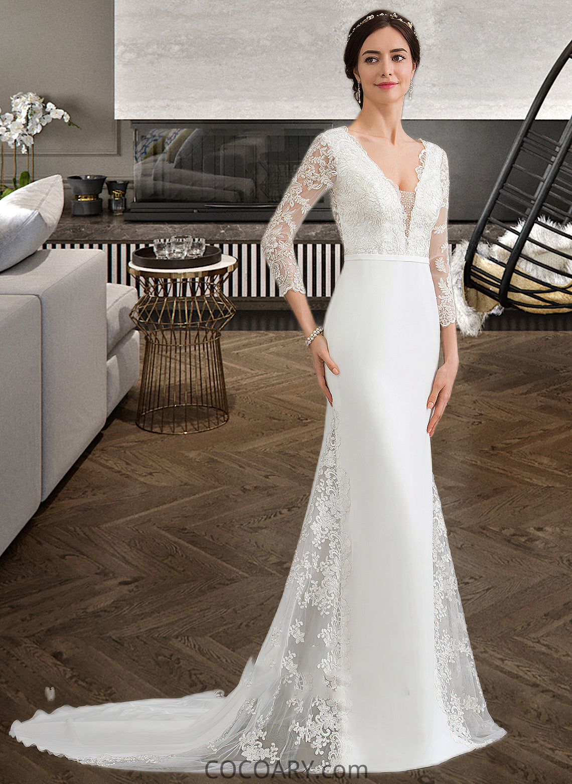 Haley Trumpet/Mermaid V-neck Chapel Train Chiffon Wedding Dress With Beading Sequins DA8P0013795