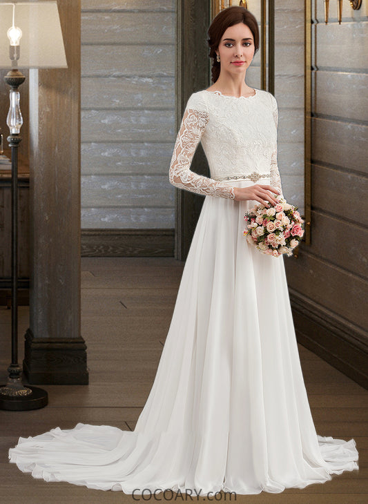 Caylee A-Line Scoop Neck Court Train Chiffon Wedding Dress With Beading DA8P0013800