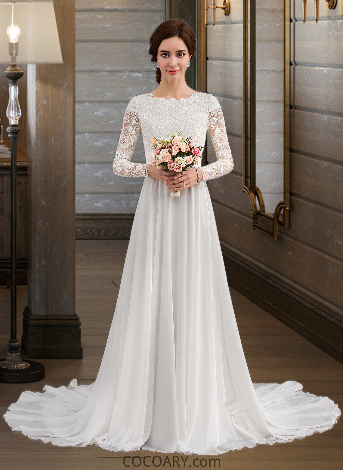 Caylee A-Line Scoop Neck Court Train Chiffon Wedding Dress With Beading DA8P0013800