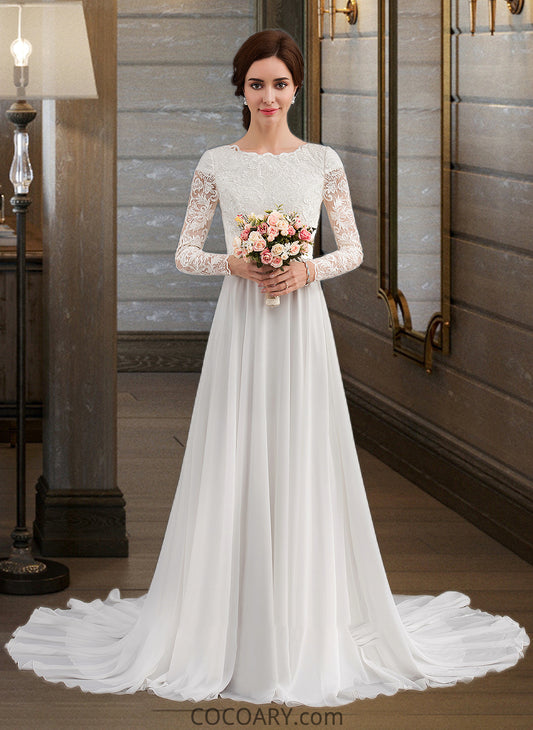 Caylee A-Line Scoop Neck Court Train Chiffon Wedding Dress With Beading DA8P0013800