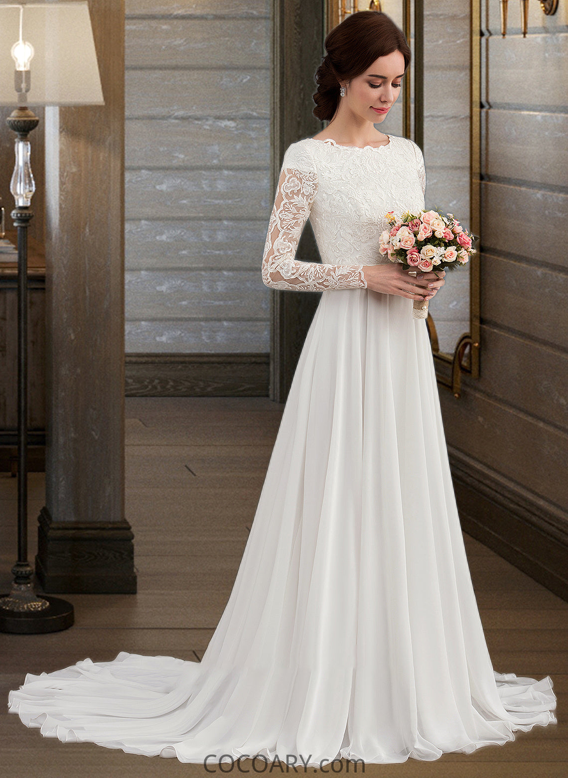 Caylee A-Line Scoop Neck Court Train Chiffon Wedding Dress With Beading DA8P0013800